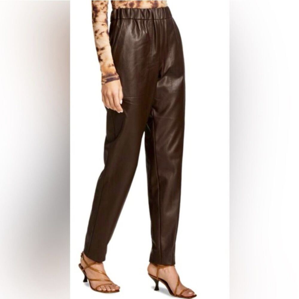 Tibi Brown Faux Leather Straight Leg Pull on Pants High Rise Womens Small??